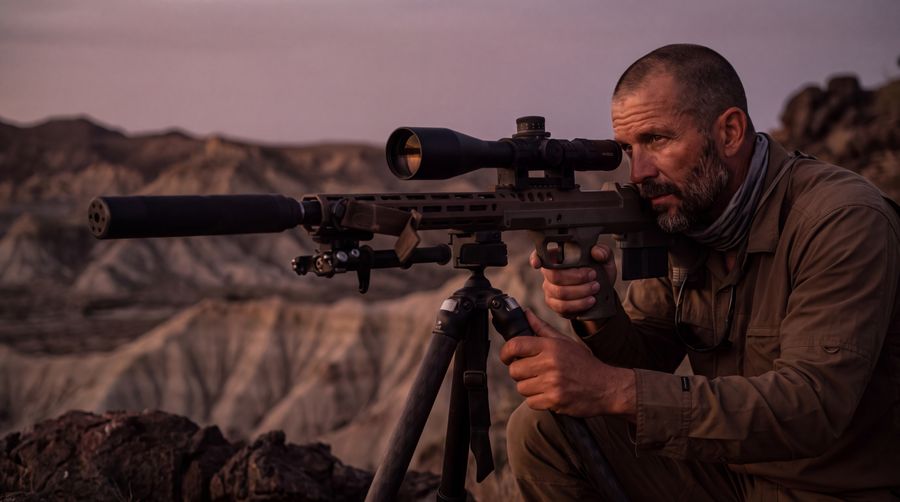 A shooter behind a rifle on a tripod above a canyon