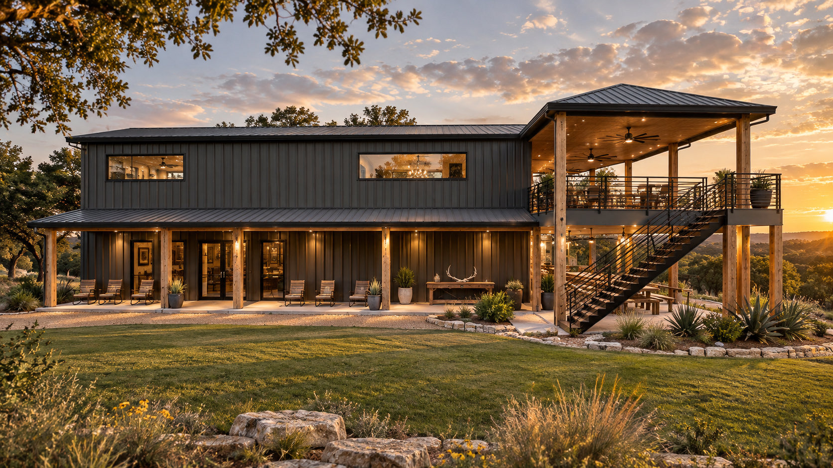 A rendering of the Lodge at Packsaddle Precision at sunset: the long front porch, and the covered deck and stair on the right