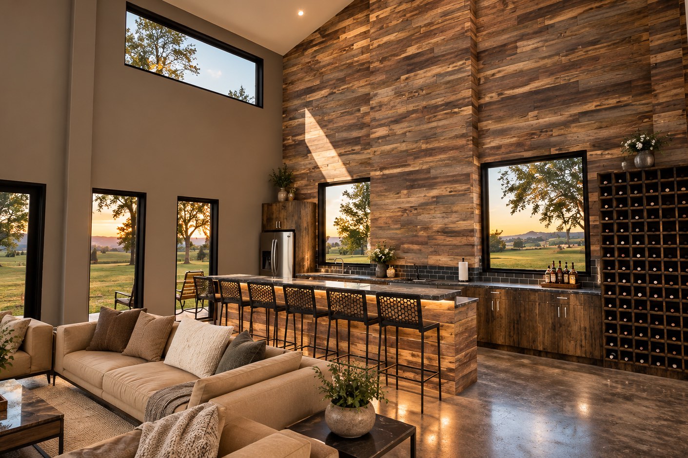 A rendering of the Lodge bar: a reclaimed-wood wall, wine storage, and windows onto the Hill Country