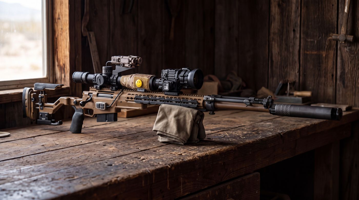 A precision rifle resting on a wooden bench